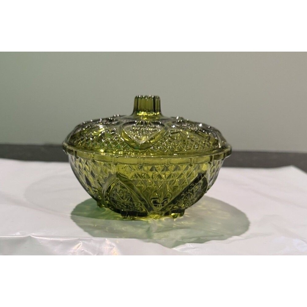 Vintage Green Glass Covered Candy Dish Indiana Glass MCM Grannycore Cottagecore